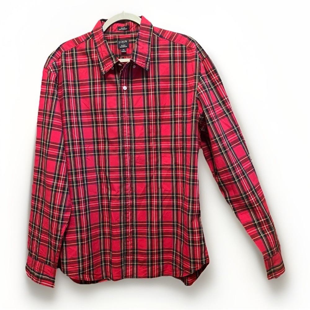 J. Crew Men's XL Slim Untucked Flex Washed Shirt Red Plaid Stretch Style BB718